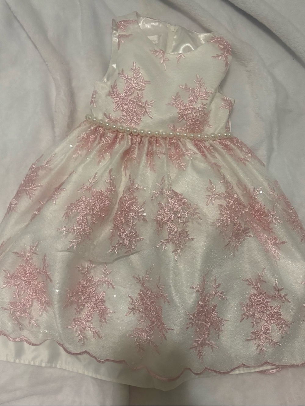 American Princess white baby dress w pink floral embroidery & pearls size 4t